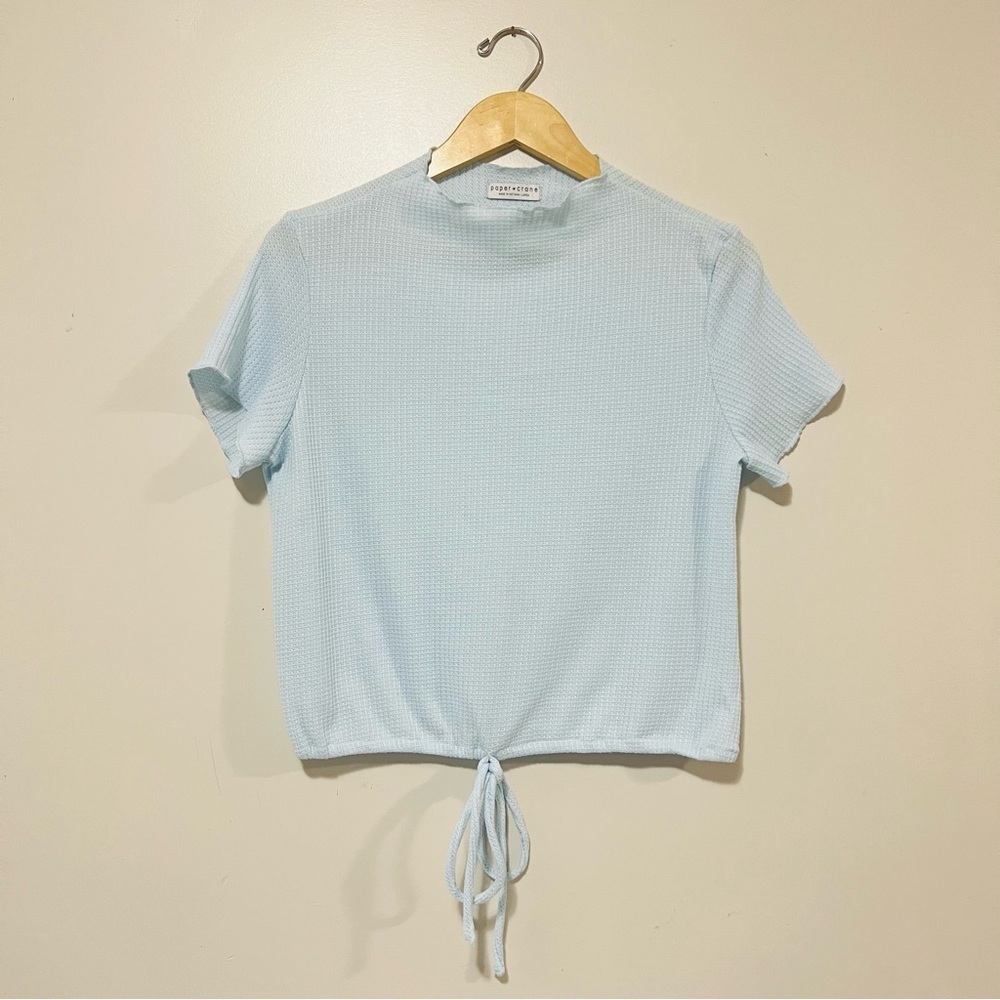 Paper Crane Short Sleeve Top Light Blue Large Cropped Waffle Knit Cottagecore
